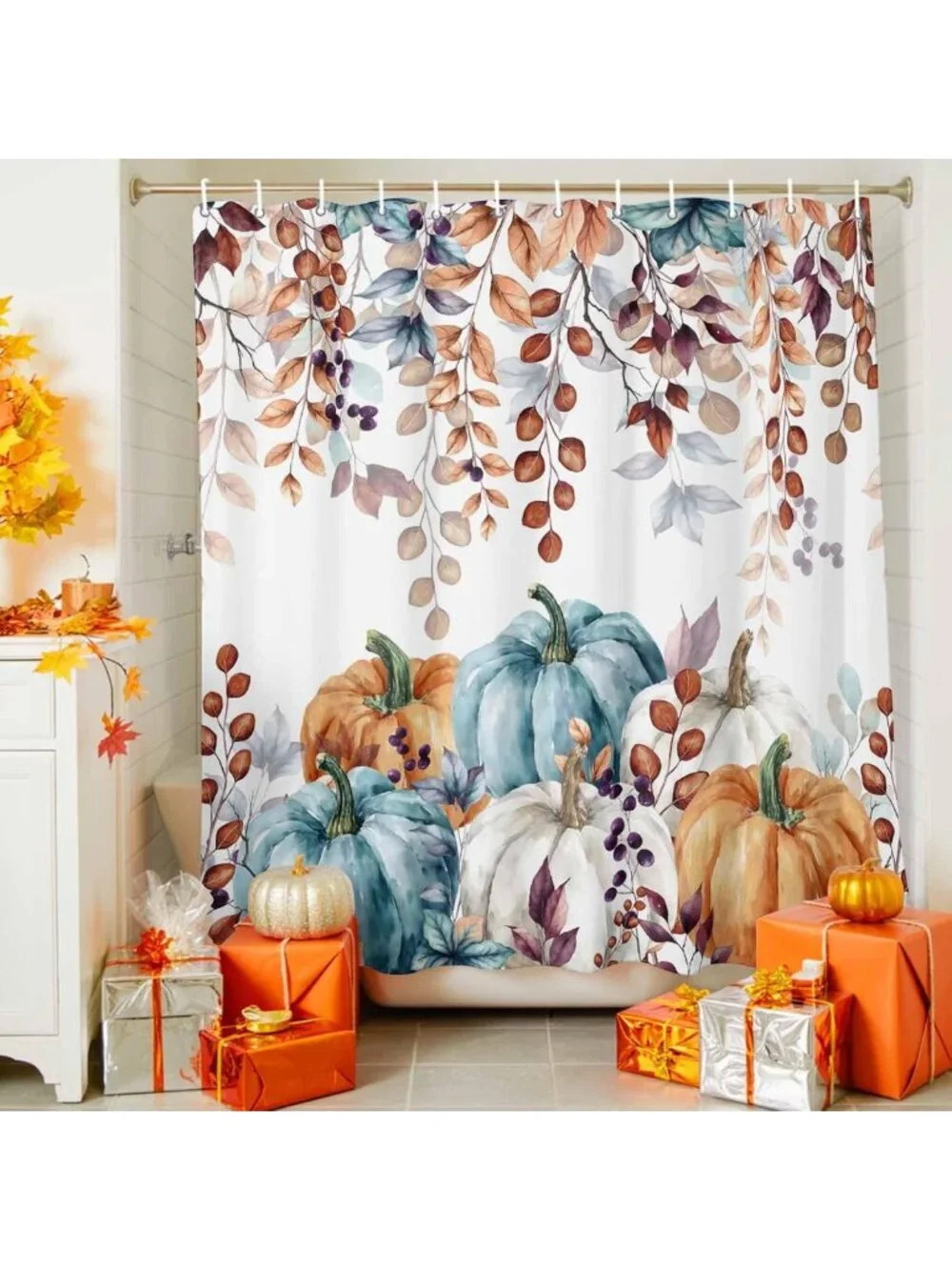 Autumn Pumpkins & Eucalyptus Shower Curtain Set, Waterproof Bathroom Decor 60x72